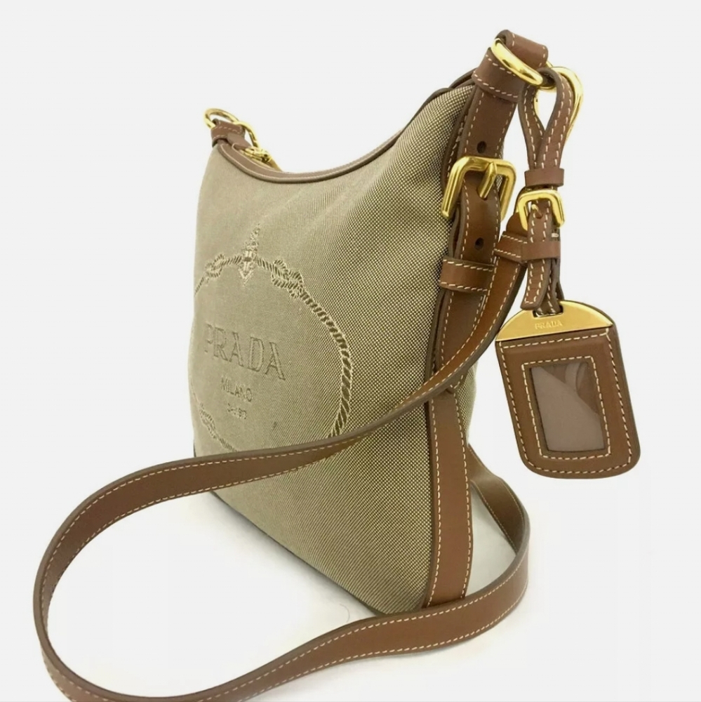 PRADA JACQUARD LOGO CANVAS BEIGE LEATHER SHOULDER BAG/R3364 - Picture 5 of 15